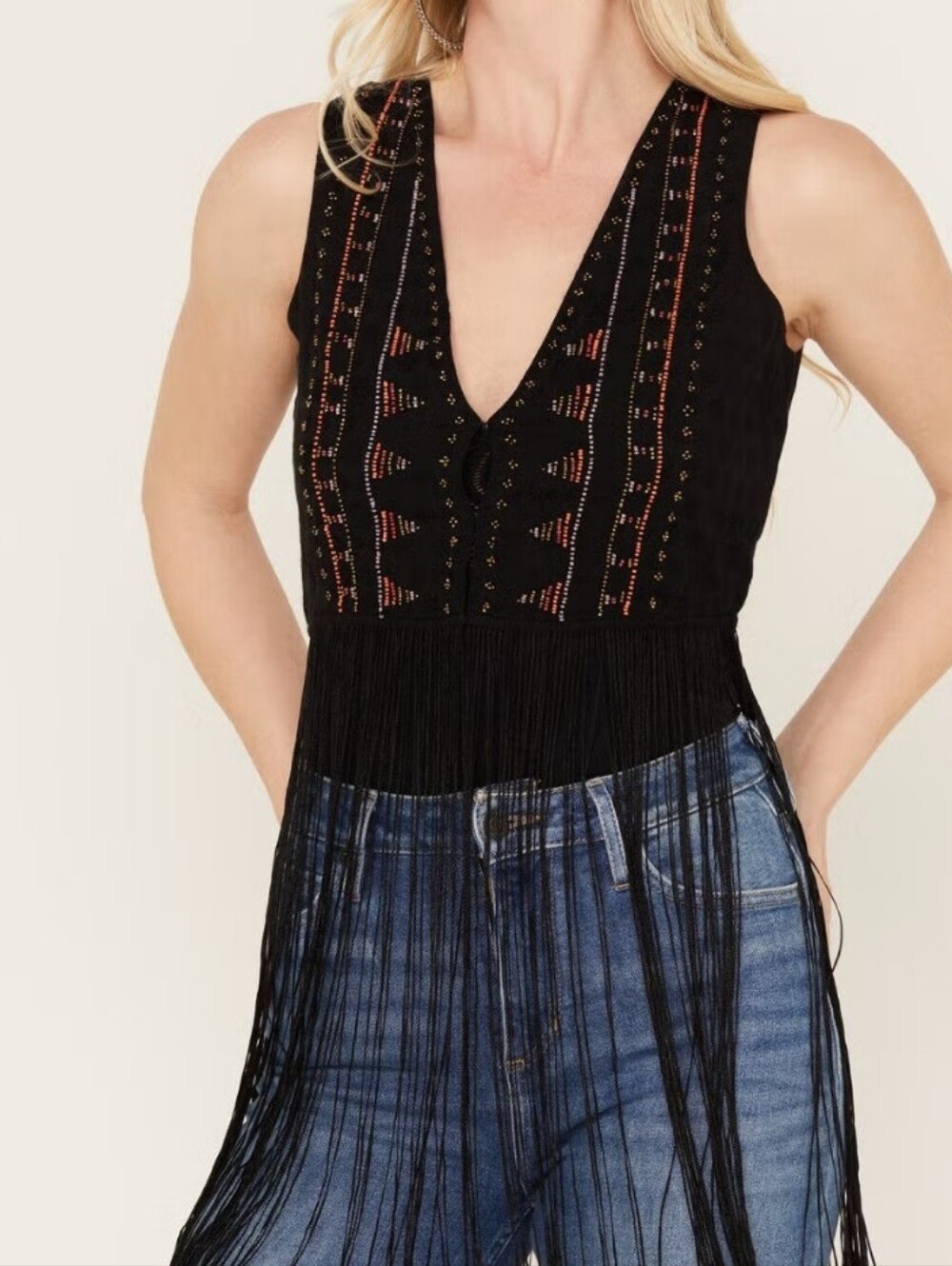 Idyllwind Black V-Neck Fringe Tank with Multicolor Embroidery